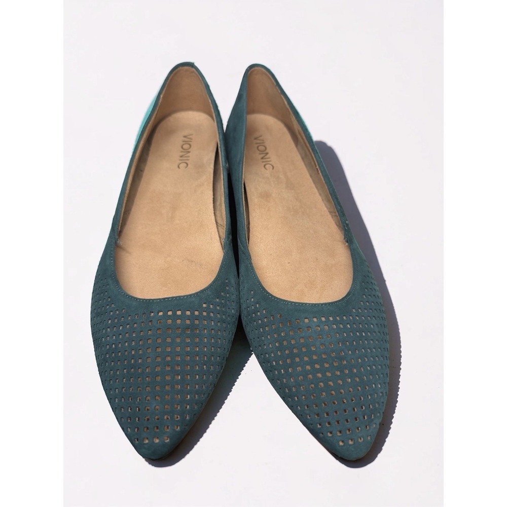 Vionic Women's Teal Green Gem Posey Flats Perforated Suede Leather Sz 10 NEW